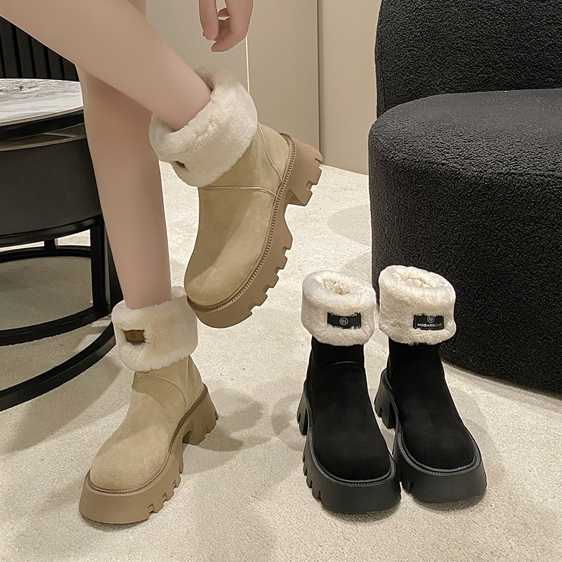 皮毛一体雪地靴女款冬季2023新款加绒加厚马丁靴厚底保暖短筒棉鞋