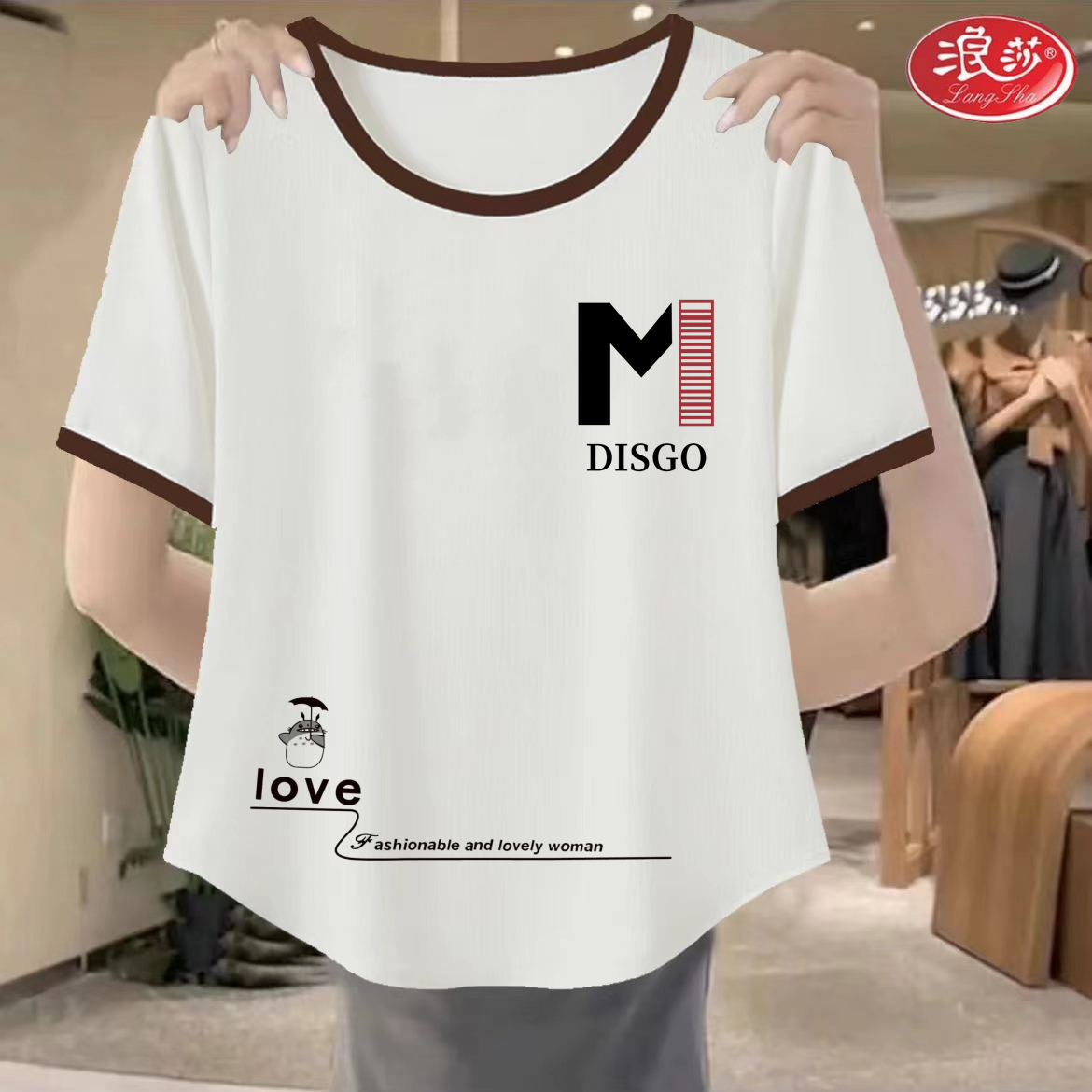 浪莎短袖T恤女夏季新款宽松洋气显瘦体恤设计感不规则弧形棉弹力