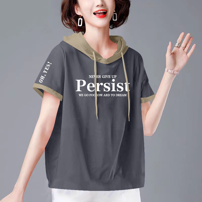 纯棉短袖t恤女连帽夏装新款大码宽松显白减龄遮肚子百搭上衣时尚