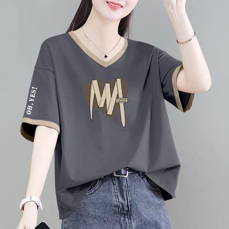 纯棉v领短袖t恤女时尚拼接洋气夏装宽松大码女装显瘦百搭休闲上衣