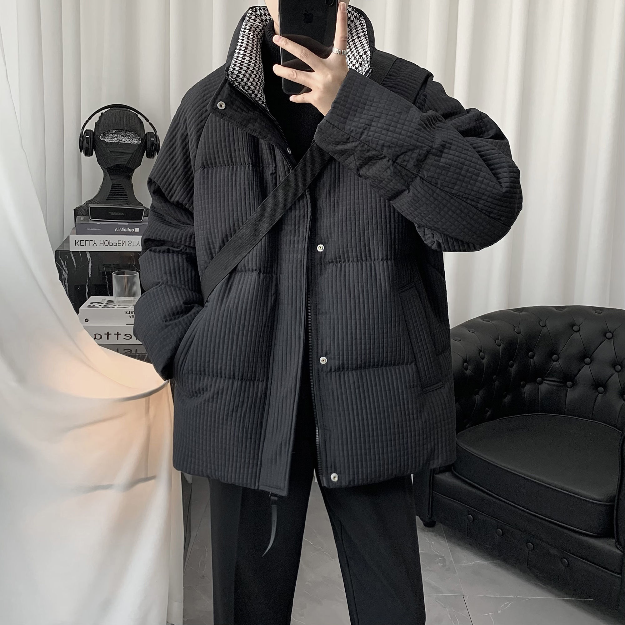 男款羽绒服千鸟格拼接高级感痞帅男冬季外套男加厚保暖2023年新款