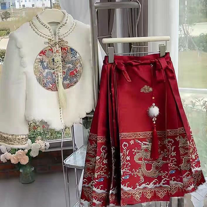 冬季新款女童汉服拜年服套装加绒加厚龙凤呈祥宝宝面裙冬保暖中寒