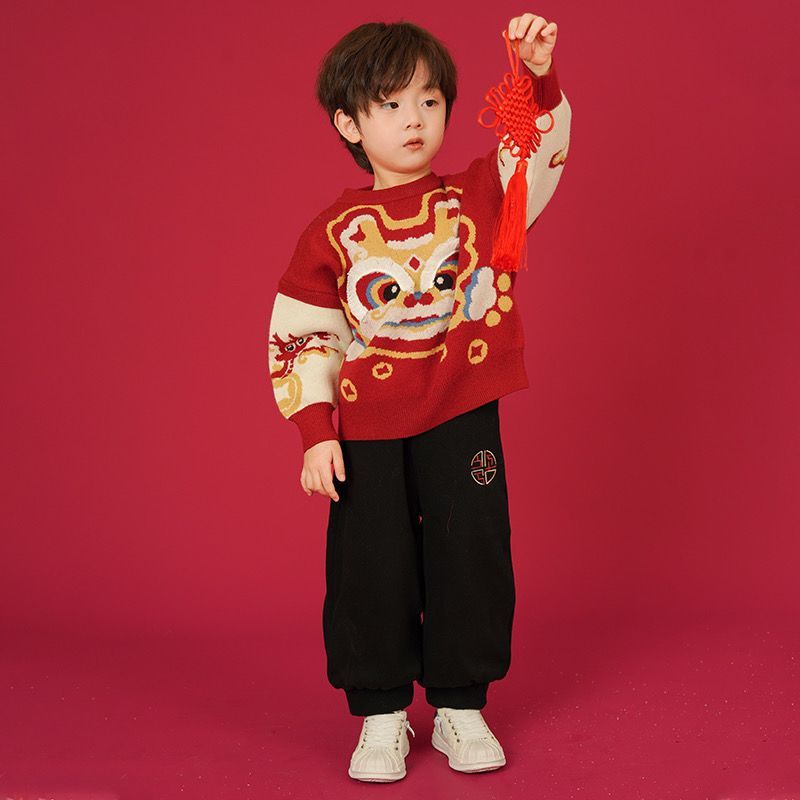 冬季新款儿童毛衣2023新款男女童毛衣中国过年衣服加绒加厚网红爆
