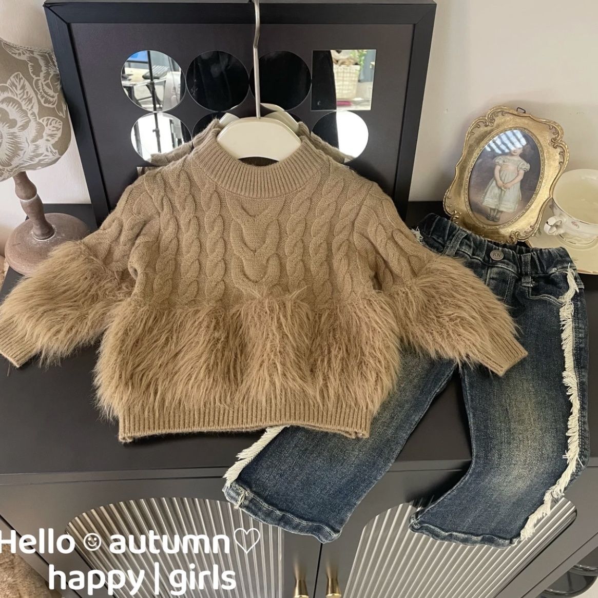 冬季新款女童2023秋冬最新款时髦网红女宝宝毛衣加绒牛仔裤套装洋