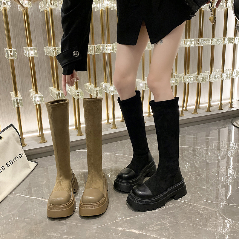 红蜻蜓牌靴子女不过膝长靴2023秋冬新款厚底增高洋气弹力靴长筒加