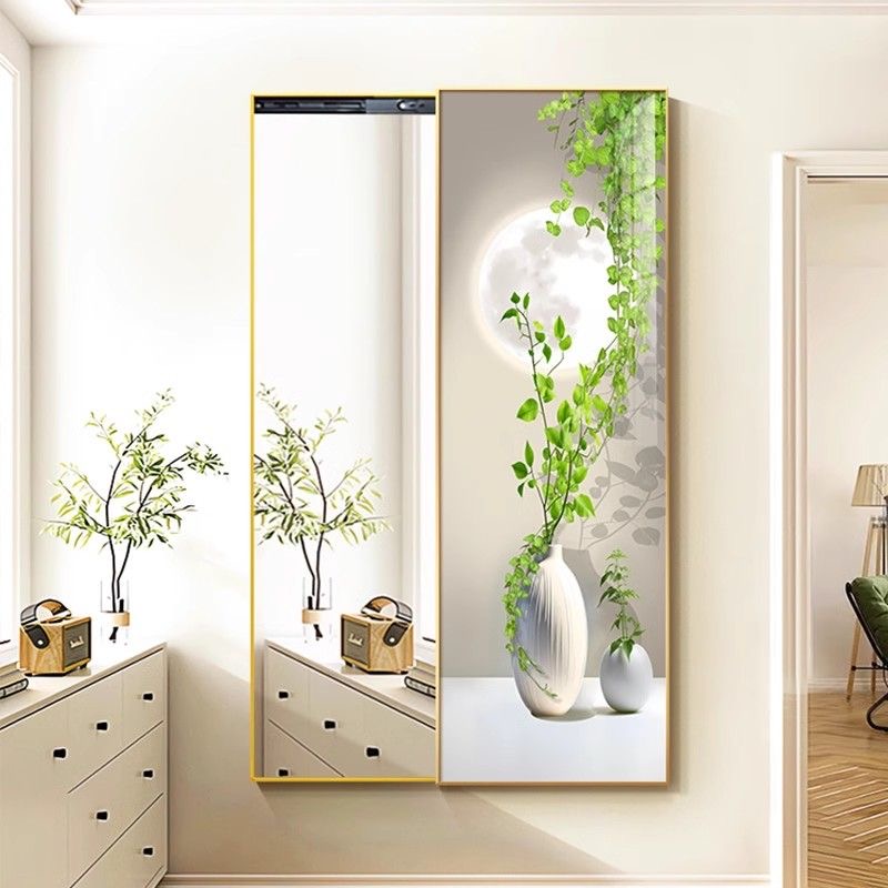 绿植隐藏式推拉镜玄关卧室装饰画可关闭全身镜客厅试衣镜推拉挂画