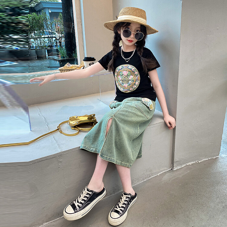 女童休闲国风套装2024中大童新款9洋气夏款女孩新中式T恤牛仔裙潮