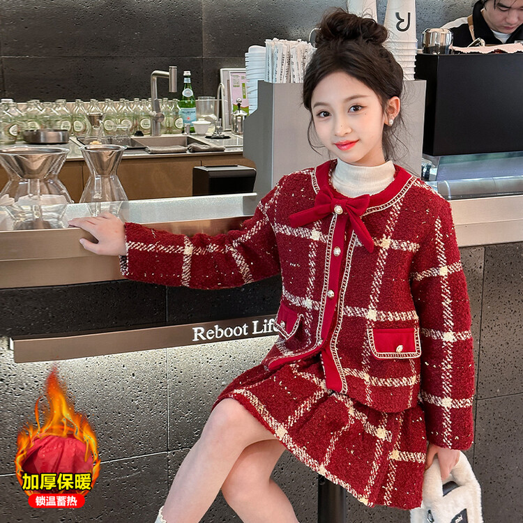 拜年服女童小香风套装裙子红色连衣裙本命年冬装大童新年衣服过年
