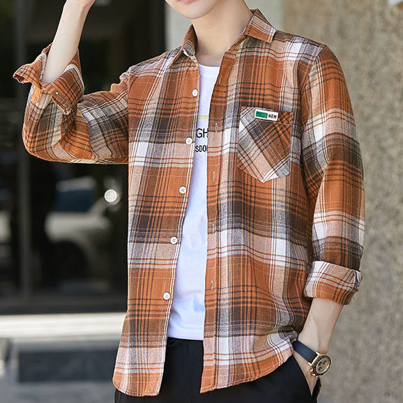 新款秋季男款港风格子衬衫男士长袖韩版潮流帅气外套情侣休闲衬衣