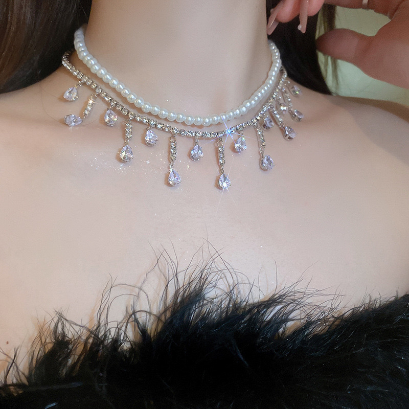 合金仿珍珠项链 镶钻锆石水滴流苏双层项链轻奢锁骨链新款潮流