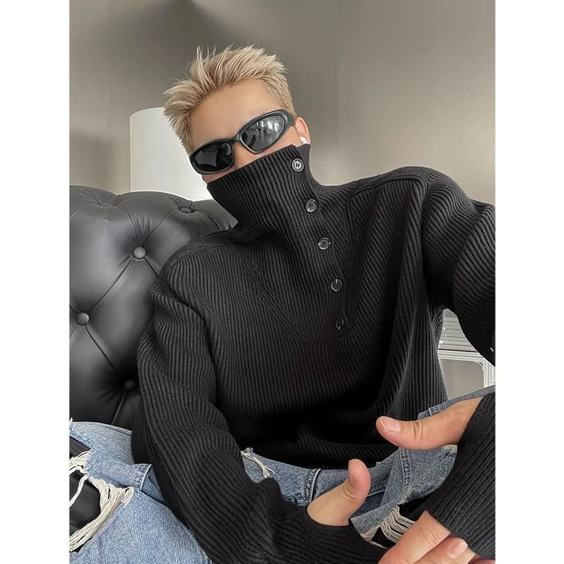 男装冬季小众高领毛衣男长袖韩版青年纽扣设计套头休闲打底针织衫