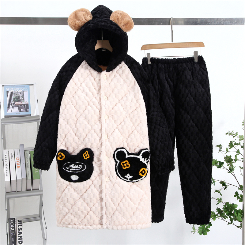 冬天加绒加厚女士长款连帽睡袍珊瑚绒夹棉三层加厚可外穿保暖睡衣