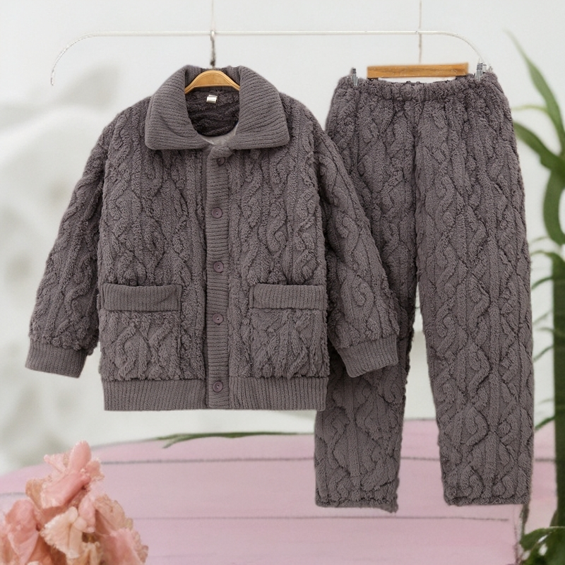 冬季男提花绒三层夹棉加厚睡衣韩版方领可外穿加大保暖家居服套装