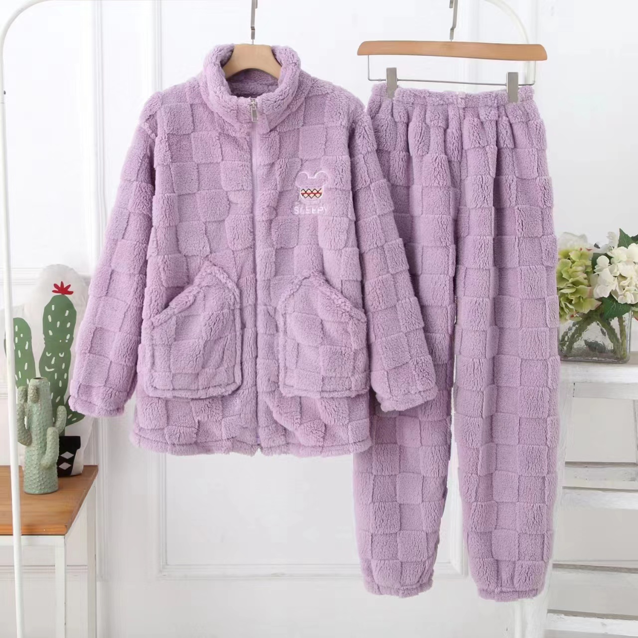 【金龟绒】春秋季女士加绒加厚家居服套装双面绒可外穿拉链睡衣套装