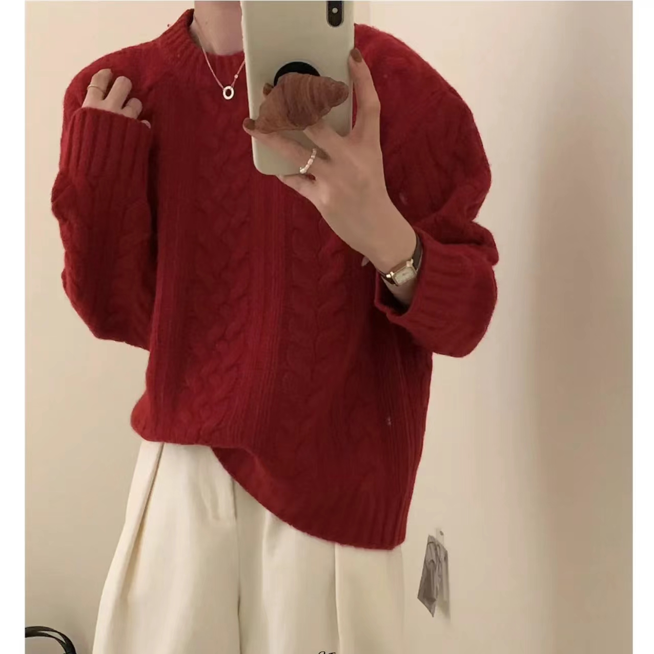 爆款秋冬100%纯羊毛衫女圆领绞花加厚针织毛衣宽松慵懒打底上衣
