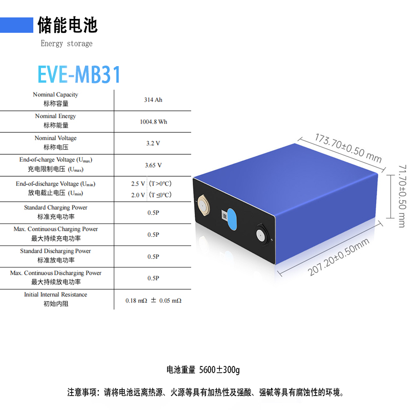 全新A品EVE-MB31磷酸铁标称容量314An带3.2v磷酸铁锂电锂电池电芯