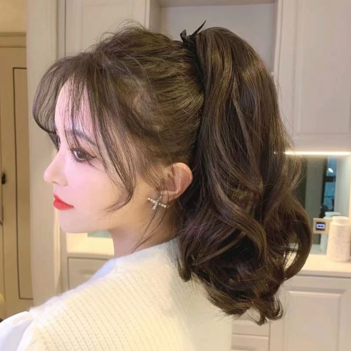 梨花卷短马尾假发女蓬松抓夹低马尾自然仿真发长发高马尾假发一口