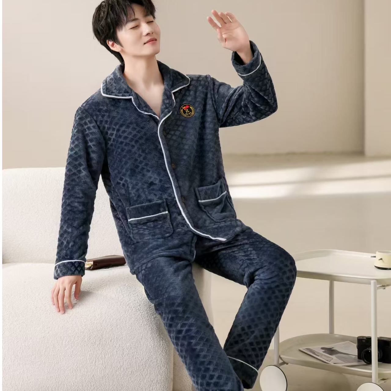 男士睡衣秋冬季时尚舒适刺绣加厚保暖可外穿休闲舒棉绒家居服套装