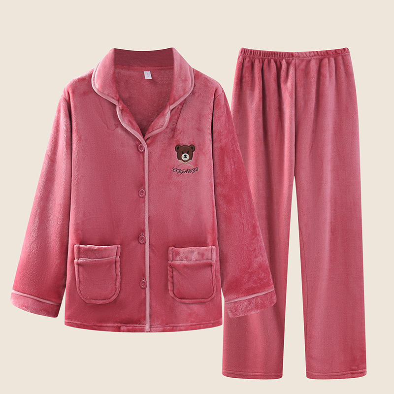 睡衣女士妈妈款秋冬法兰绒加绒舒适保暖可外穿休闲红色家居服套装