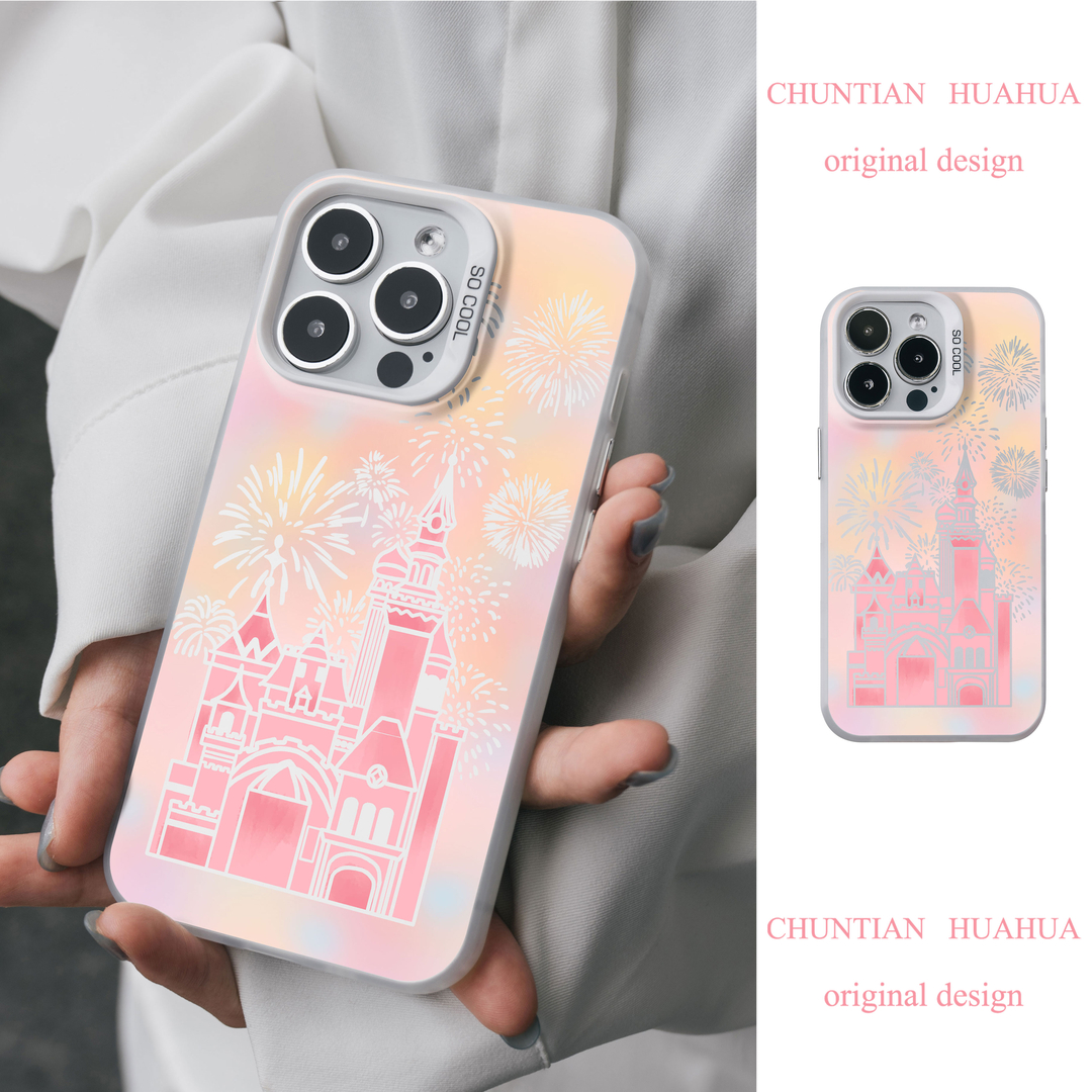 适用苹果15PRO手机壳小米/OPPO/华为少女烟花城堡新款彩银壳小众7