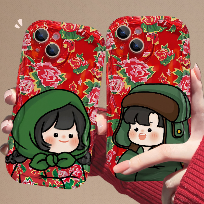 东北棉袄军大衣男女孩苹果15iPhone14promax手机壳新年红色情侣款