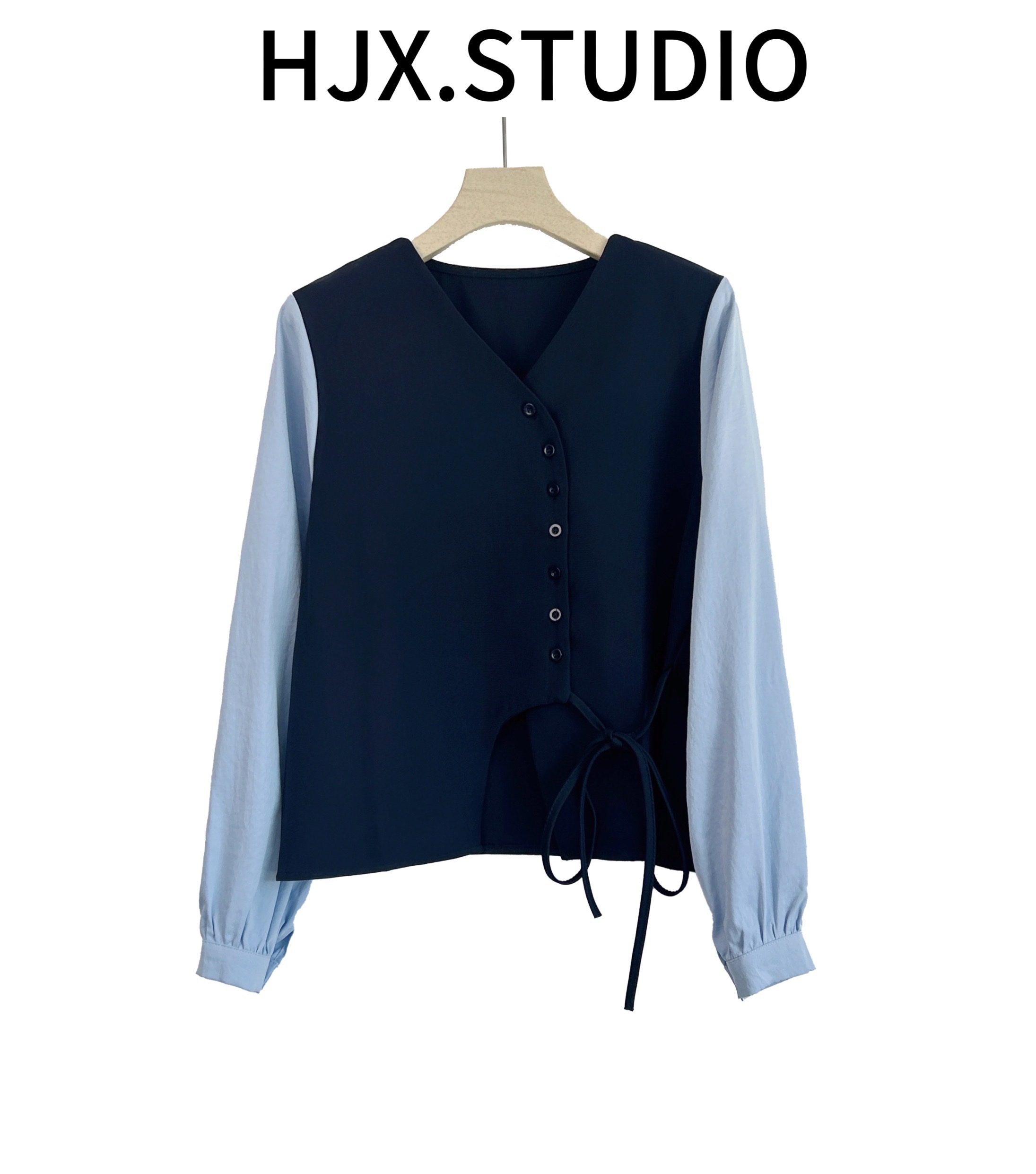 静贤【离岸花畔】秋季新款韩版小众设计拼接假两件衬衫