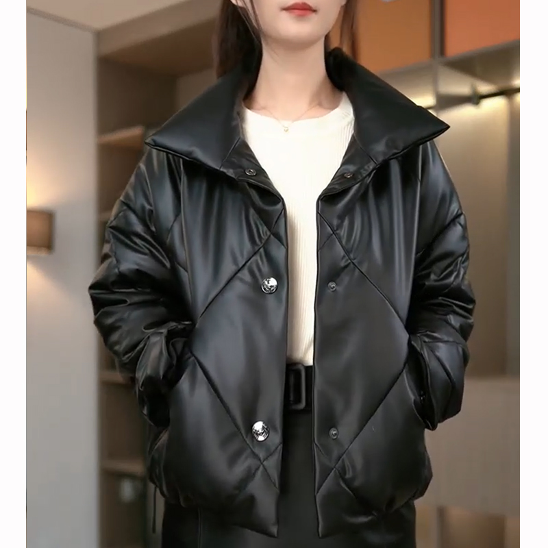 2560（1）绵羊皮皮衣立翻领冬季显瘦保暖韩版短款鹅绒外套羽绒服