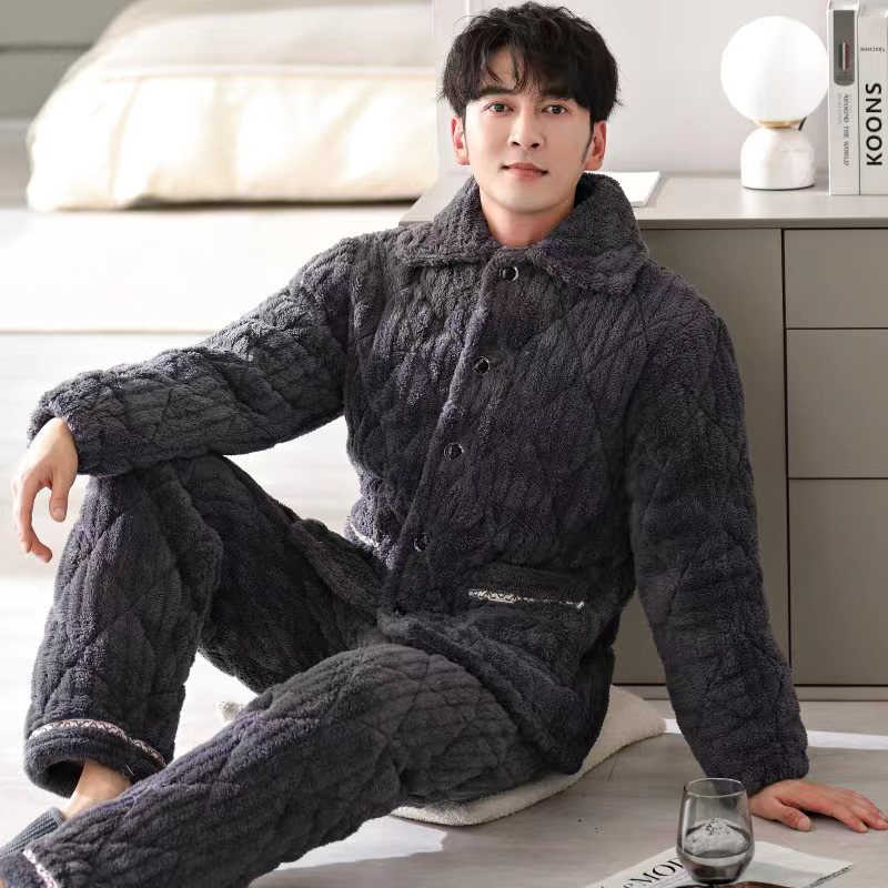 男士冬季夹棉睡衣三层加绒加厚男款保暖秋冬季加厚睡衣