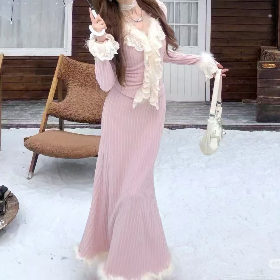 艾日秀定制●2024韩版气质温柔拼接花边上衣+长半身裙两件套 E9081