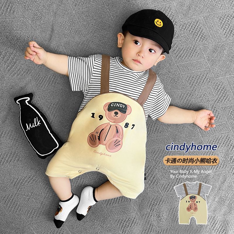 婴儿连体衣夏季薄款短袖闭裆哈衣男女宝宝纯棉睡衣新生儿夏装爬服