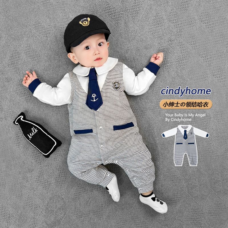 婴儿连体衣春秋学院风宝宝纯棉长袖哈衣爬服居家睡衣新生儿衣服