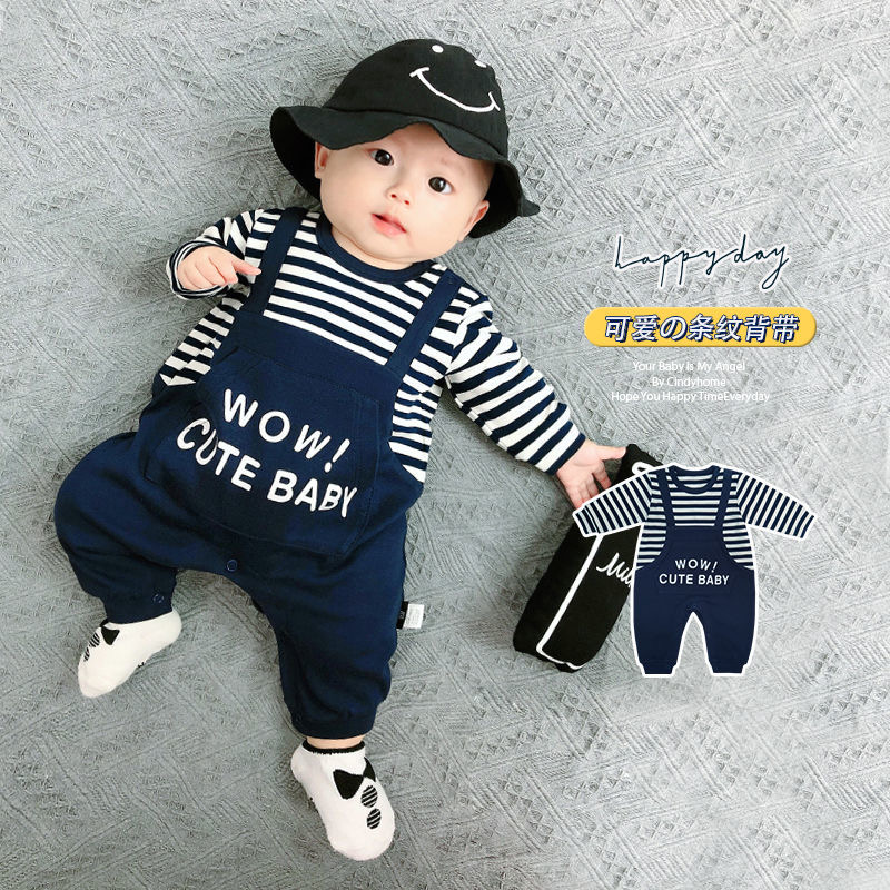 婴儿背带假两件春秋款男初生儿哈衣新生儿爬服时尚女宝连体衣服