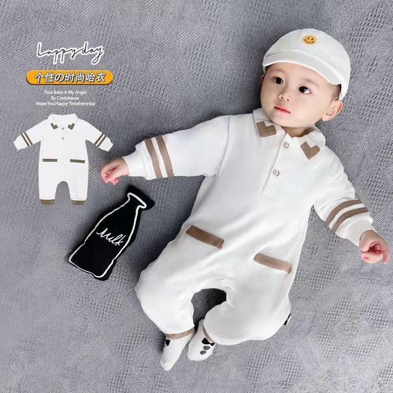 学院风婴儿连体衣新款洋气纯棉长袖男童女宝宝哈衣爬服新生儿衣服