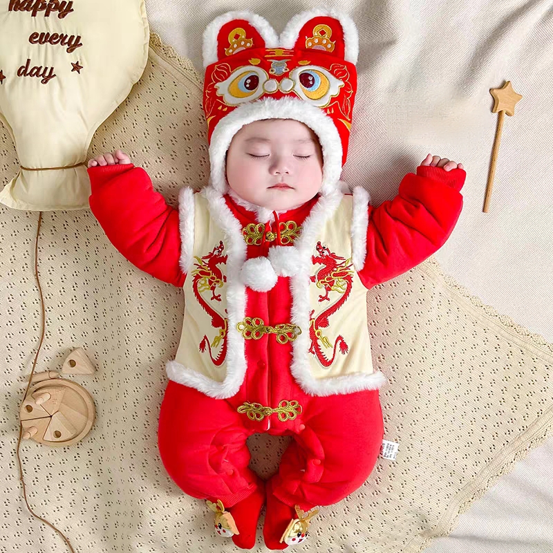 2024新款宝宝连体爬服中国风婴儿过年衣服加绒加厚外出哈衣拜年服