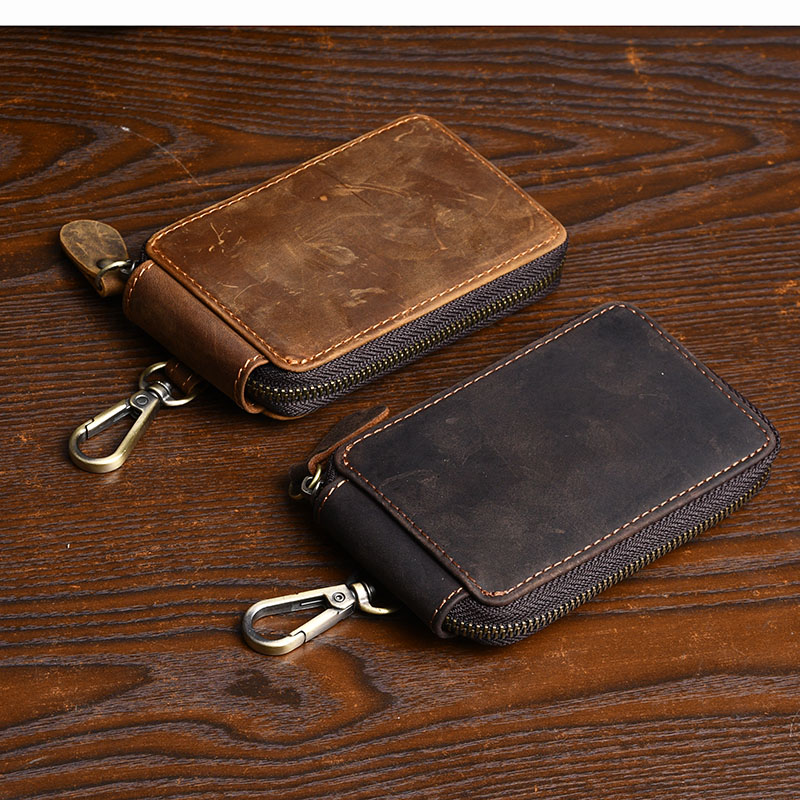 疯马皮复古汽车钥匙包休闲头层牛皮简约皮男士卡包真皮汽车包 