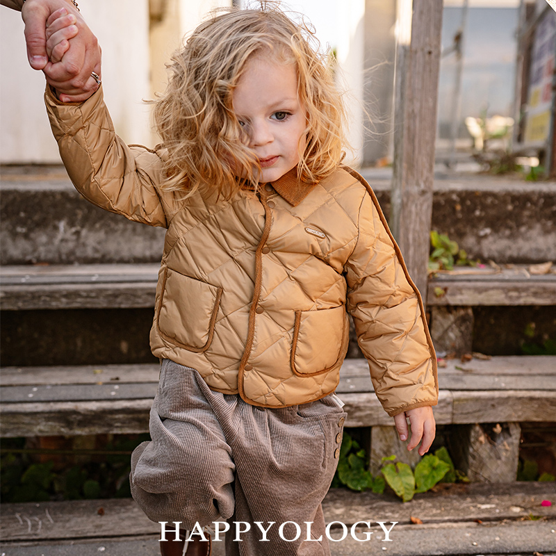 happyology英国儿童外套白鸭绒女童轻薄男童灯芯绒童装翻领羽绒服