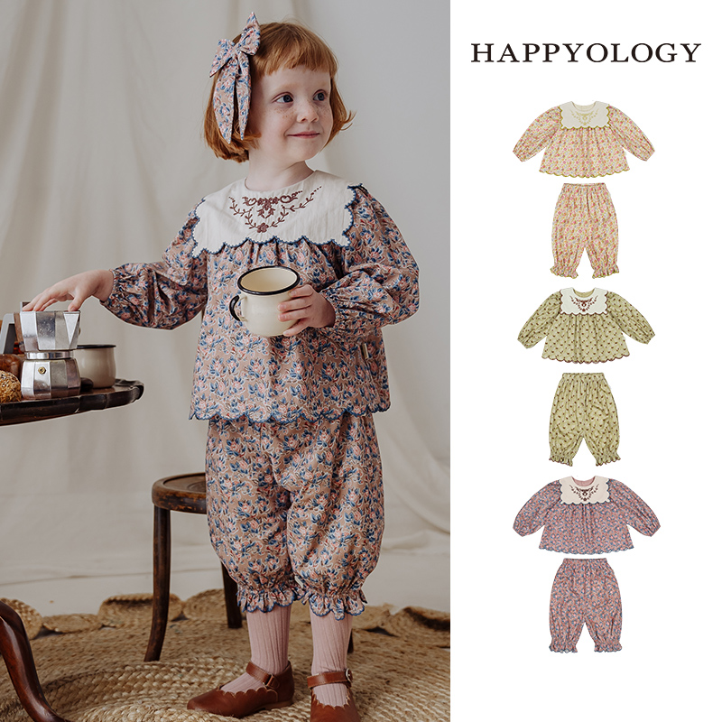 Happyology英国儿童撞色领绣花女童长袖碎花上衣裤子春秋新品套装