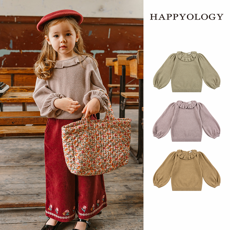 Happyology英国秋上衣女童毛衣童装宝宝圆领套头荷叶边毛衫