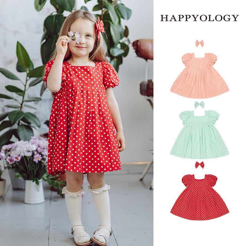 happyology女童夏季波点泡泡袖全棉可爱连身裙女宝韩版连衣裙z