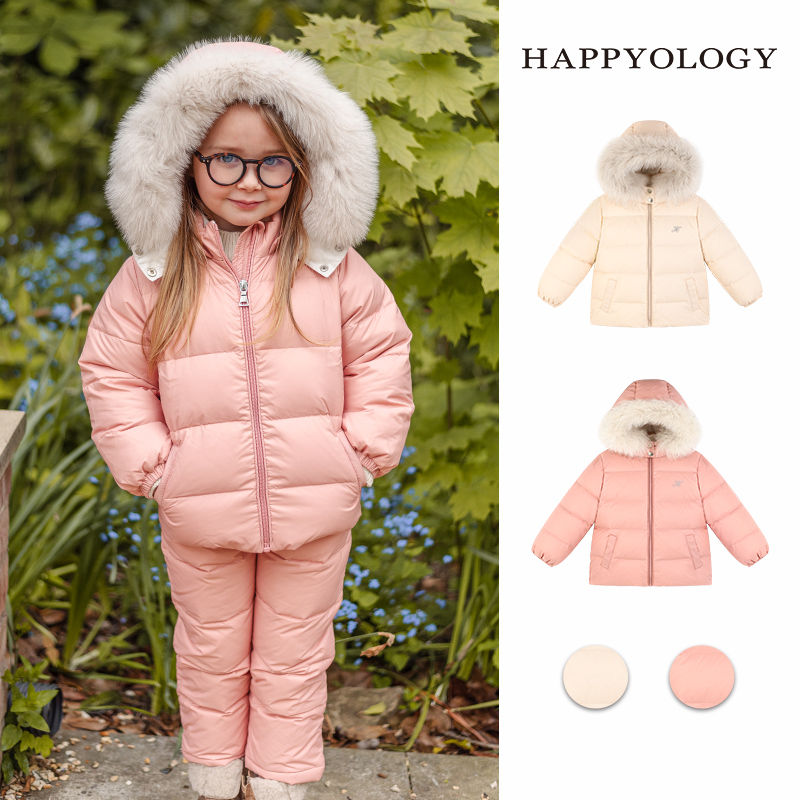 Happyology英国女童连帽羽绒服白鸭绒狐狸毛领儿童冬季外套新年装