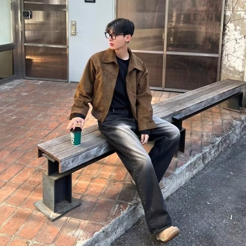 韩版复古短款男士休闲痞帅夹克男古着高级感休闲外套设计感上衣潮