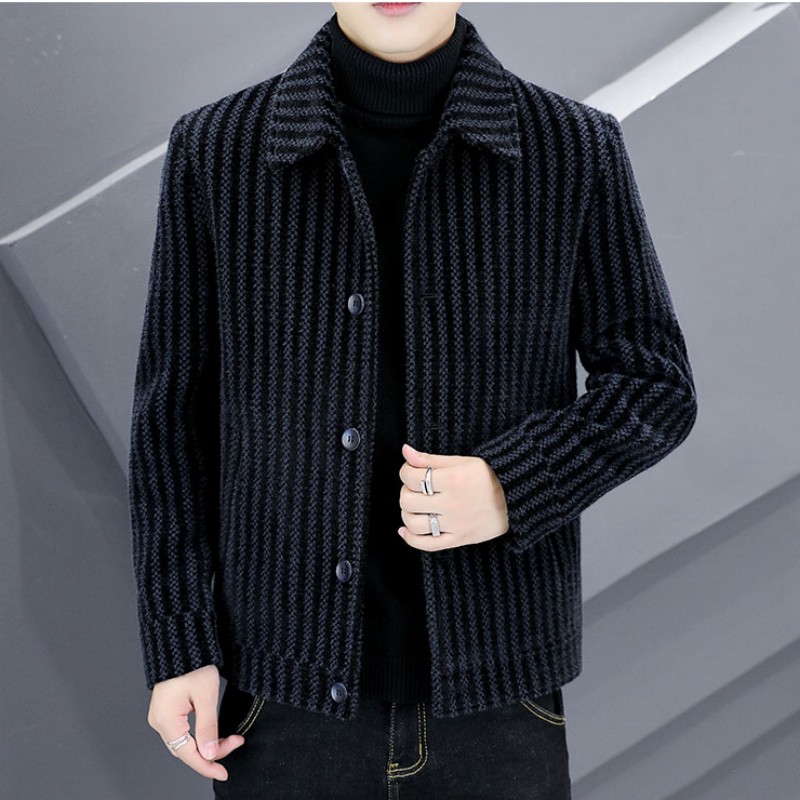 外套冬装男士修身条纹短款毛呢大衣冬季青年韩版潮流呢子帅气翻领