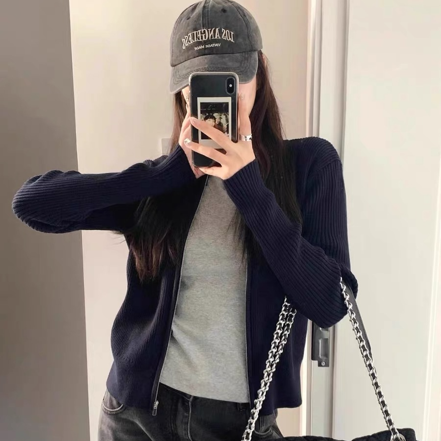 半高领针织开衫毛衣外套女秋冬季拉链设计感修身短款长袖显瘦上衣