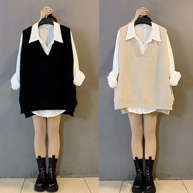 胖大码女装秋季新款净版宽松显瘦针织马甲职业百搭衬衫两件套装