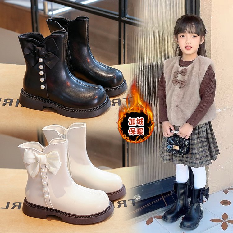 女童冬季新款2025儿童靴子软底短靴小女孩珠珠蝴蝶百搭公主马丁靴