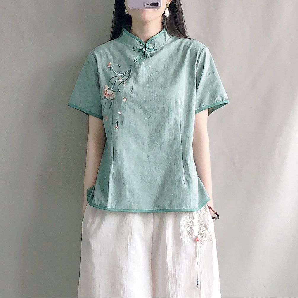 2024夏季新款短袖茶服女装复古提花棉麻中式禅意立领盘扣短款衬衫