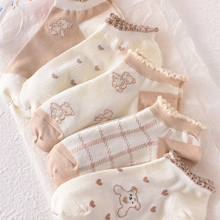 袜子女短船袜口可爱船袜便宜可爱日系花边薄款春秋透气奶茶色小熊