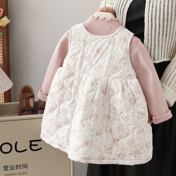 女宝宝连衣裙加绒2023秋冬新款韩版女童碎花夹棉背心裙公主裙儿童