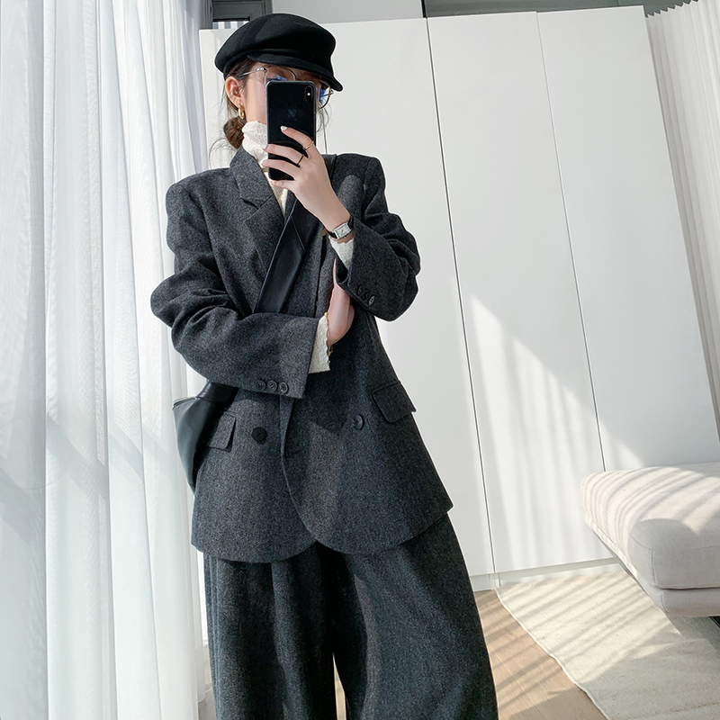 懂点毛呢外套女2025冬季新款韩版休闲羊毛人字纹西装阔腿裤两件套