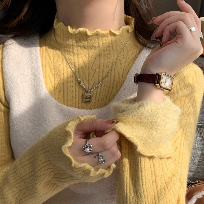 黄色木耳边半高领毛衣女加绒加厚冬季长袖针织内搭打底一体绒上衣